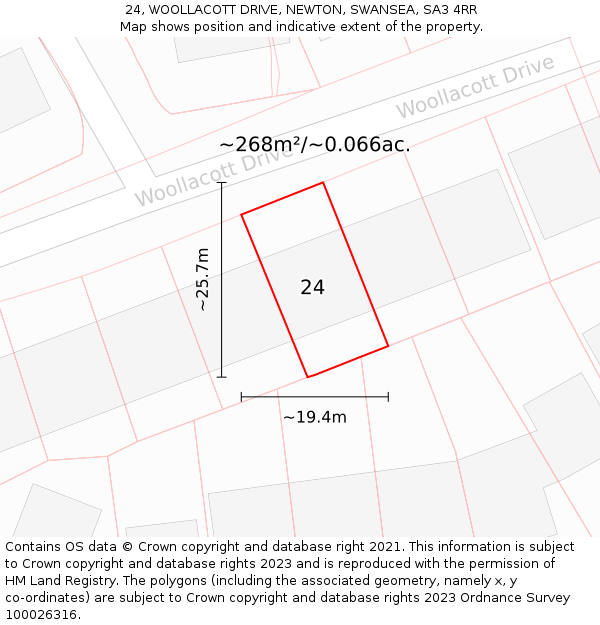 24, WOOLLACOTT DRIVE, NEWTON, SWANSEA, SA3 4RR: Plot and title map