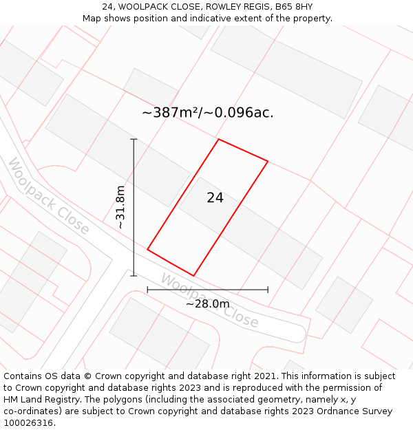 24, WOOLPACK CLOSE, ROWLEY REGIS, B65 8HY: Plot and title map