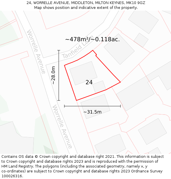 24, WORRELLE AVENUE, MIDDLETON, MILTON KEYNES, MK10 9GZ: Plot and title map