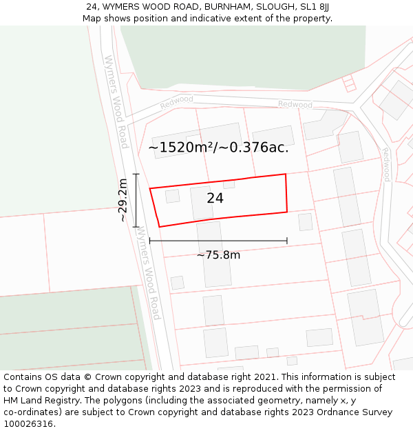 24, WYMERS WOOD ROAD, BURNHAM, SLOUGH, SL1 8JJ: Plot and title map