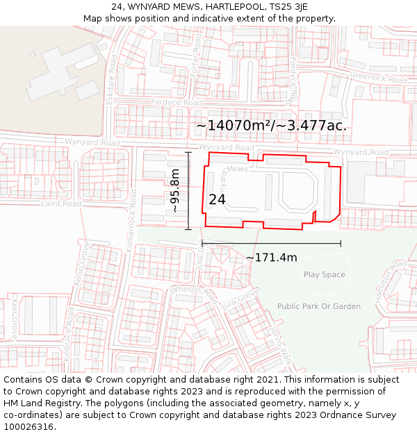 24, WYNYARD MEWS, HARTLEPOOL, TS25 3JE: Plot and title map