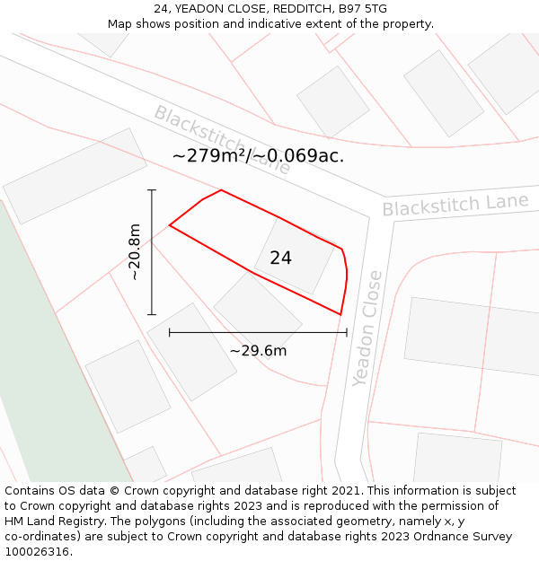 24, YEADON CLOSE, REDDITCH, B97 5TG: Plot and title map