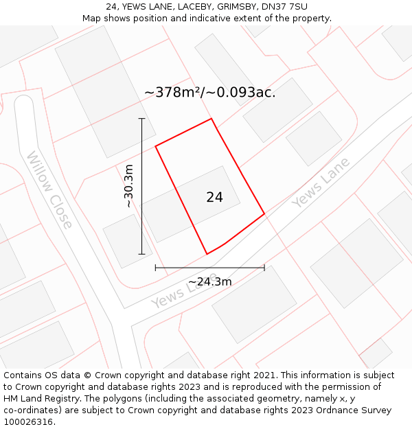 24, YEWS LANE, LACEBY, GRIMSBY, DN37 7SU: Plot and title map