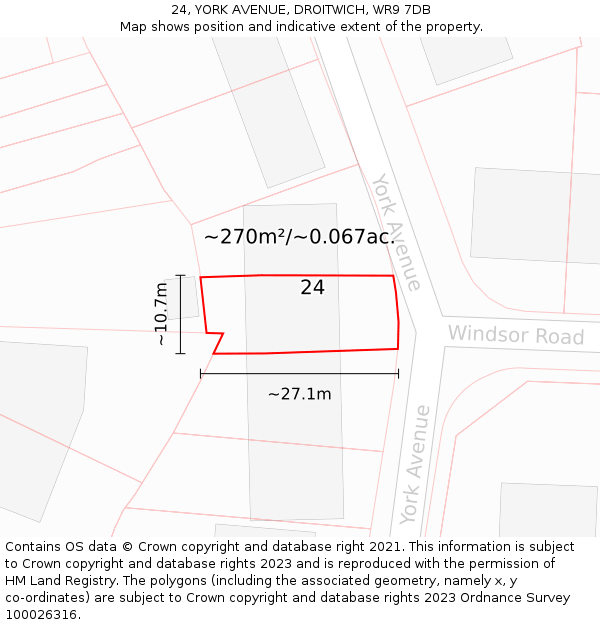 24, YORK AVENUE, DROITWICH, WR9 7DB: Plot and title map