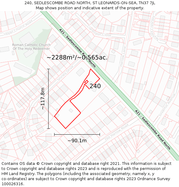 240, SEDLESCOMBE ROAD NORTH, ST LEONARDS-ON-SEA, TN37 7JL: Plot and title map