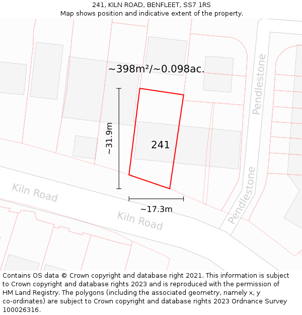 241, KILN ROAD, BENFLEET, SS7 1RS: Plot and title map