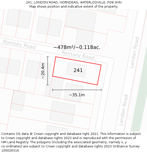 241, LONDON ROAD, HORNDEAN, WATERLOOVILLE, PO8 0HN: Plot and title map