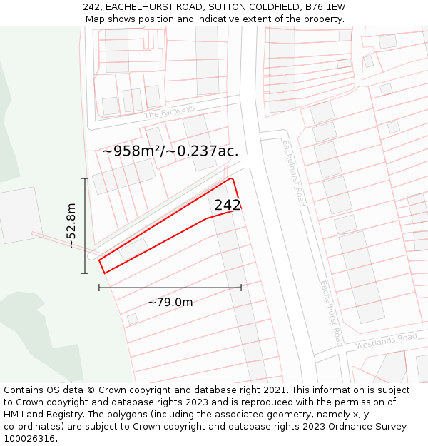 242, EACHELHURST ROAD, SUTTON COLDFIELD, B76 1EW: Plot and title map