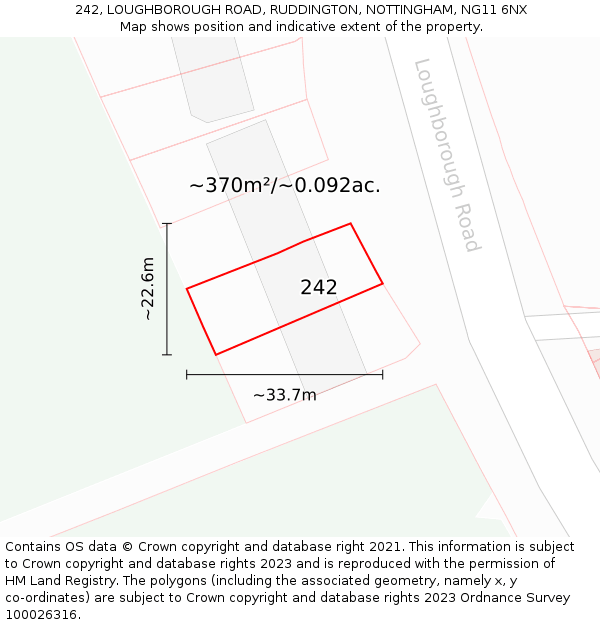 242, LOUGHBOROUGH ROAD, RUDDINGTON, NOTTINGHAM, NG11 6NX: Plot and title map