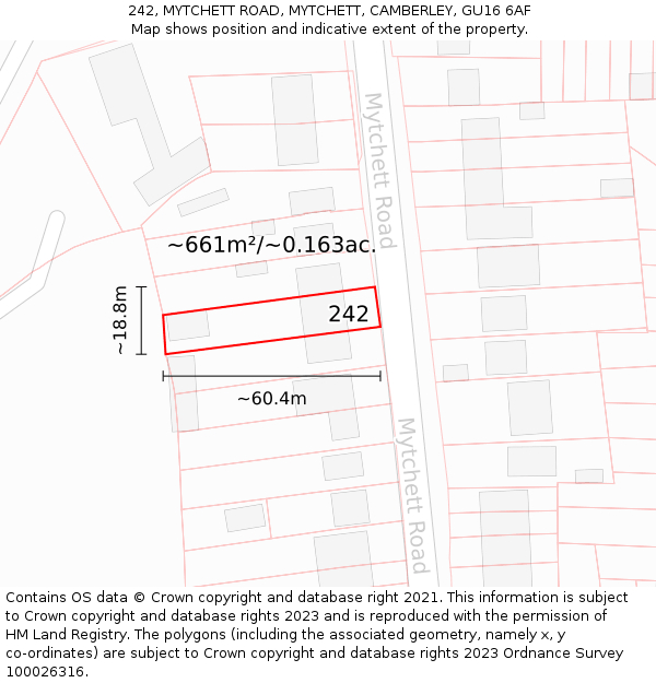 242, MYTCHETT ROAD, MYTCHETT, CAMBERLEY, GU16 6AF: Plot and title map