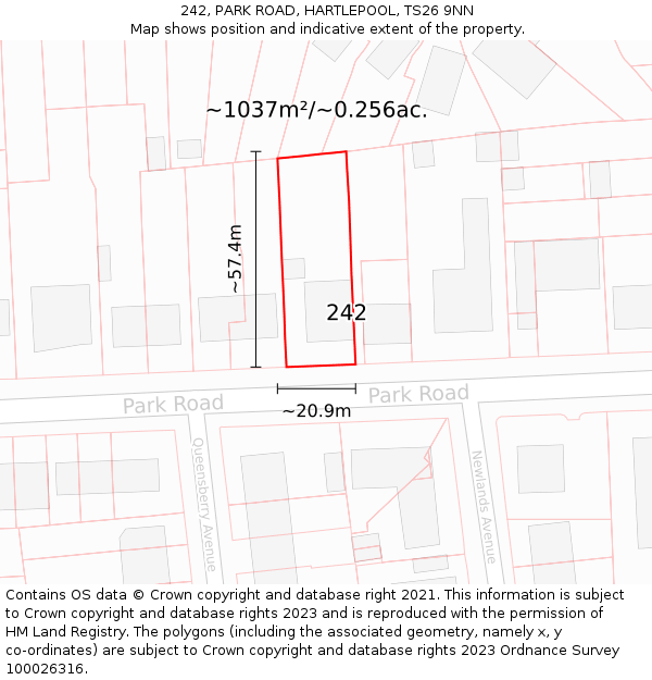 242, PARK ROAD, HARTLEPOOL, TS26 9NN: Plot and title map