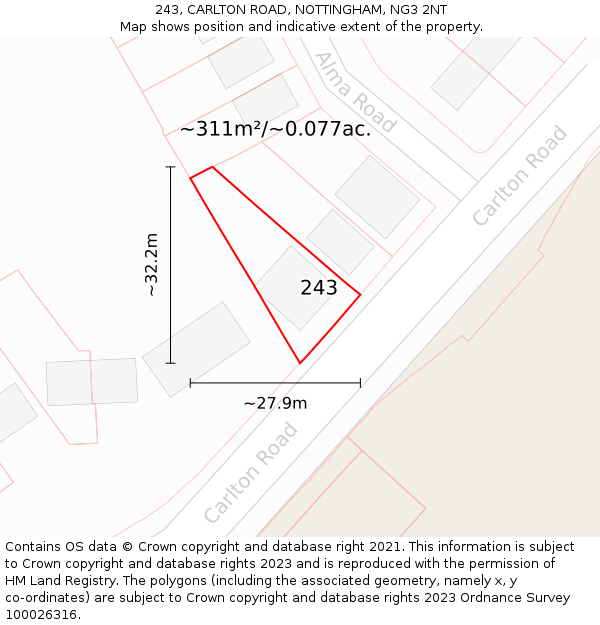 243, CARLTON ROAD, NOTTINGHAM, NG3 2NT: Plot and title map