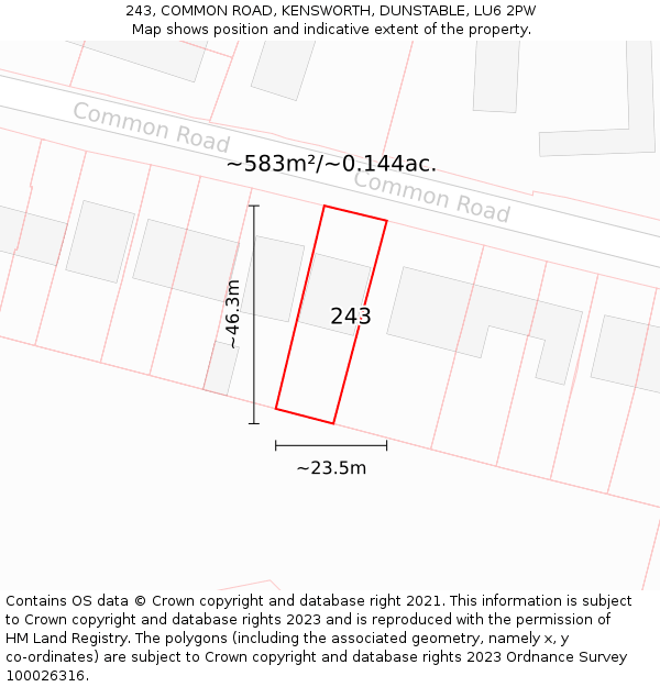 243, COMMON ROAD, KENSWORTH, DUNSTABLE, LU6 2PW: Plot and title map