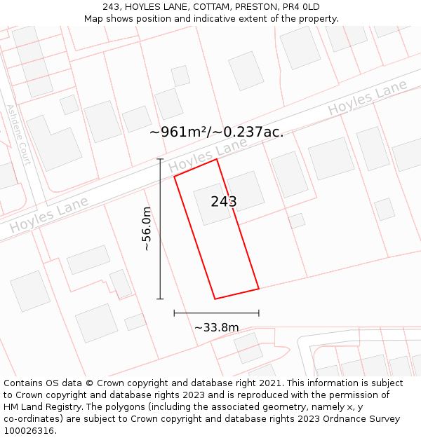 243, HOYLES LANE, COTTAM, PRESTON, PR4 0LD: Plot and title map