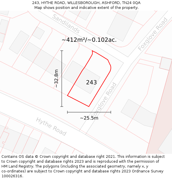 243, HYTHE ROAD, WILLESBOROUGH, ASHFORD, TN24 0QA: Plot and title map