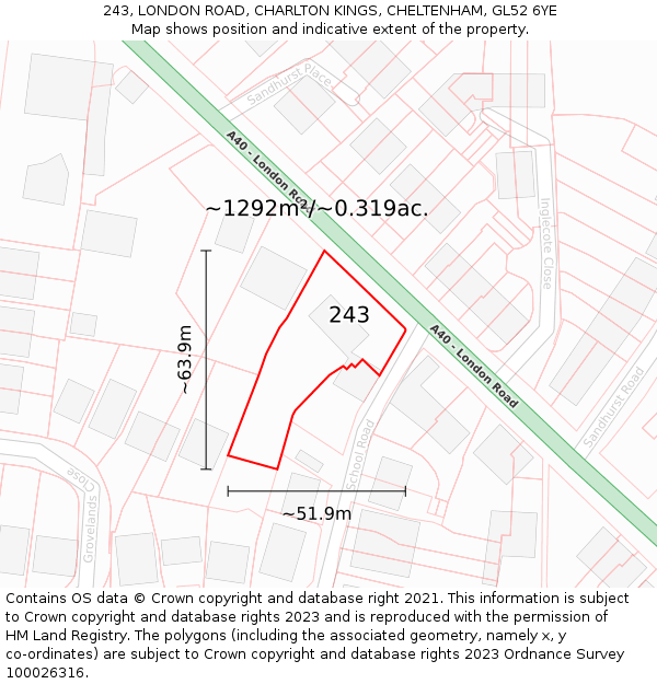 243, LONDON ROAD, CHARLTON KINGS, CHELTENHAM, GL52 6YE: Plot and title map