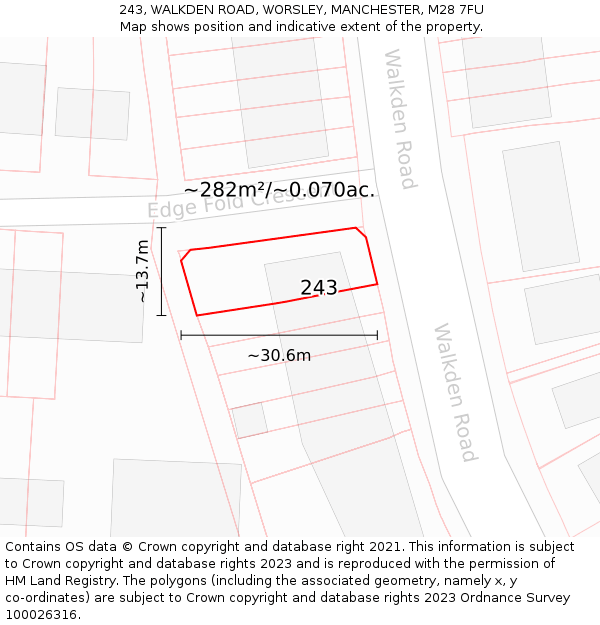 243, WALKDEN ROAD, WORSLEY, MANCHESTER, M28 7FU: Plot and title map