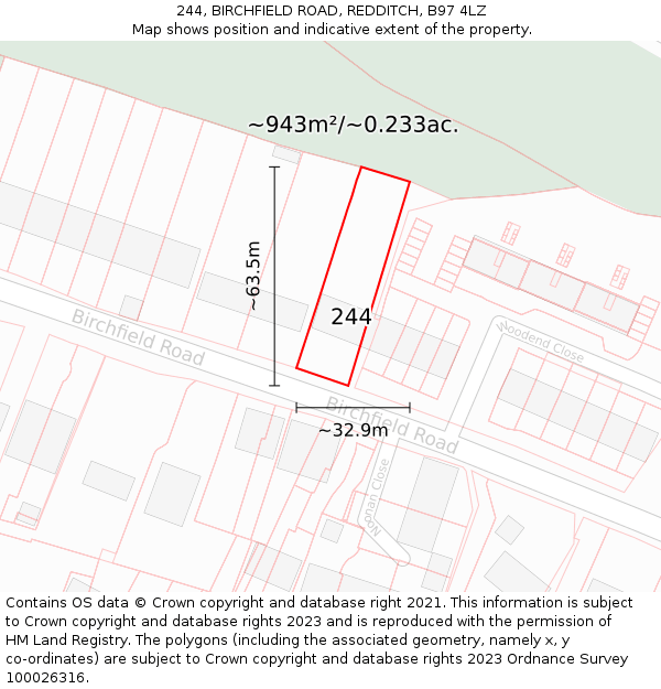 244, BIRCHFIELD ROAD, REDDITCH, B97 4LZ: Plot and title map