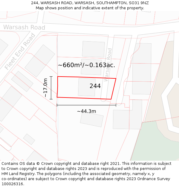 244, WARSASH ROAD, WARSASH, SOUTHAMPTON, SO31 9NZ: Plot and title map