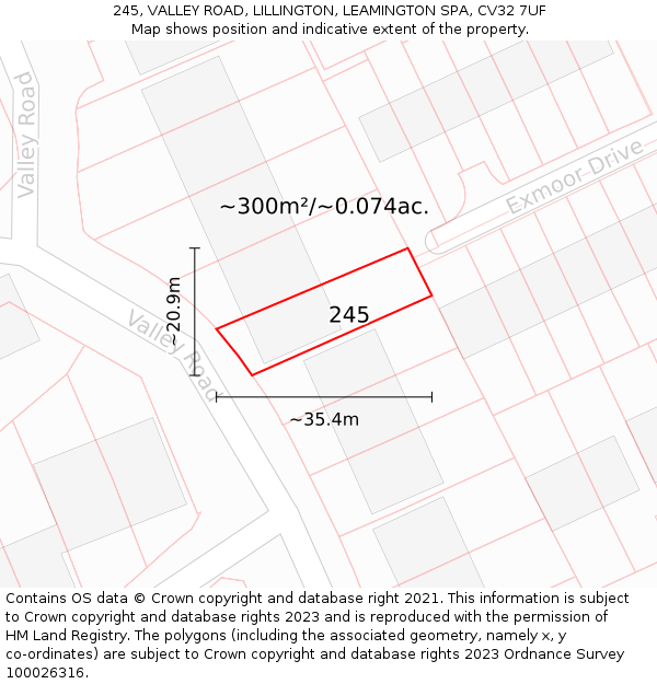 245, VALLEY ROAD, LILLINGTON, LEAMINGTON SPA, CV32 7UF: Plot and title map