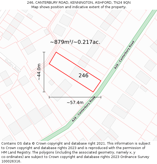 246, CANTERBURY ROAD, KENNINGTON, ASHFORD, TN24 9QN: Plot and title map