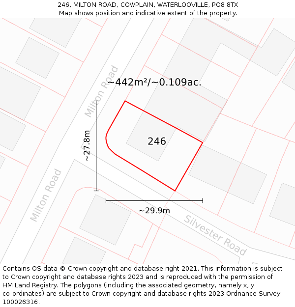 246, MILTON ROAD, COWPLAIN, WATERLOOVILLE, PO8 8TX: Plot and title map