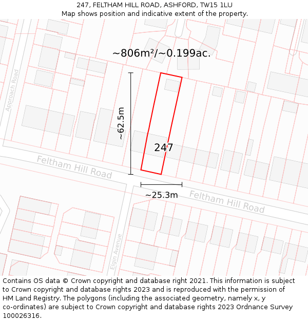 247, FELTHAM HILL ROAD, ASHFORD, TW15 1LU: Plot and title map