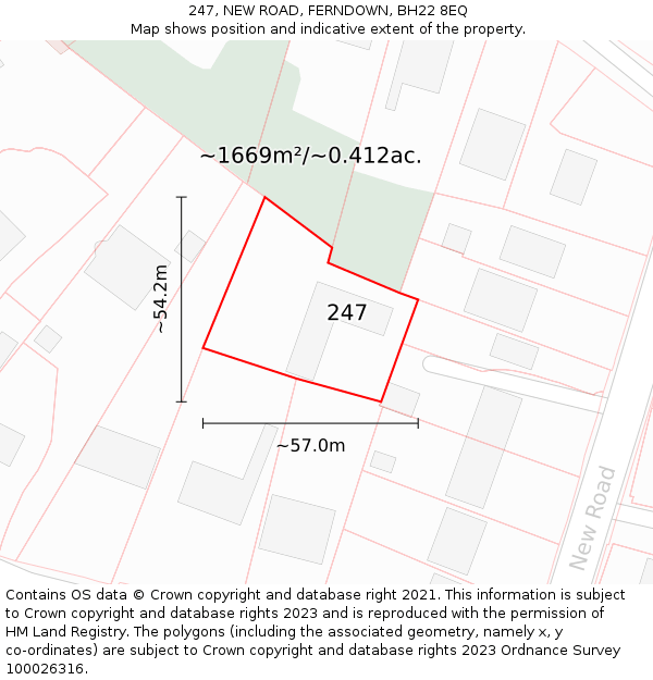 247, NEW ROAD, FERNDOWN, BH22 8EQ: Plot and title map