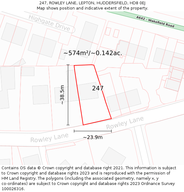 247, ROWLEY LANE, LEPTON, HUDDERSFIELD, HD8 0EJ: Plot and title map