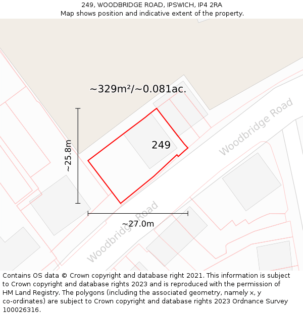 249, WOODBRIDGE ROAD, IPSWICH, IP4 2RA: Plot and title map