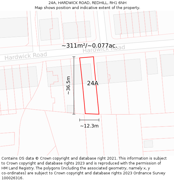 24A, HARDWICK ROAD, REDHILL, RH1 6NH: Plot and title map