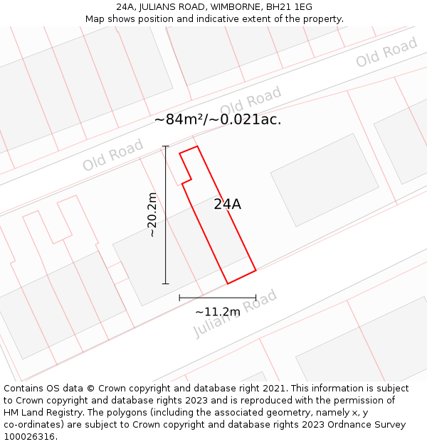 24A, JULIANS ROAD, WIMBORNE, BH21 1EG: Plot and title map