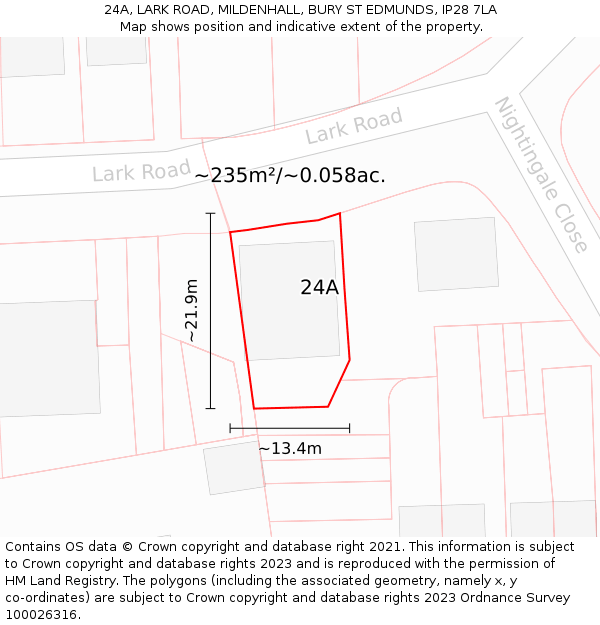 24A, LARK ROAD, MILDENHALL, BURY ST EDMUNDS, IP28 7LA: Plot and title map