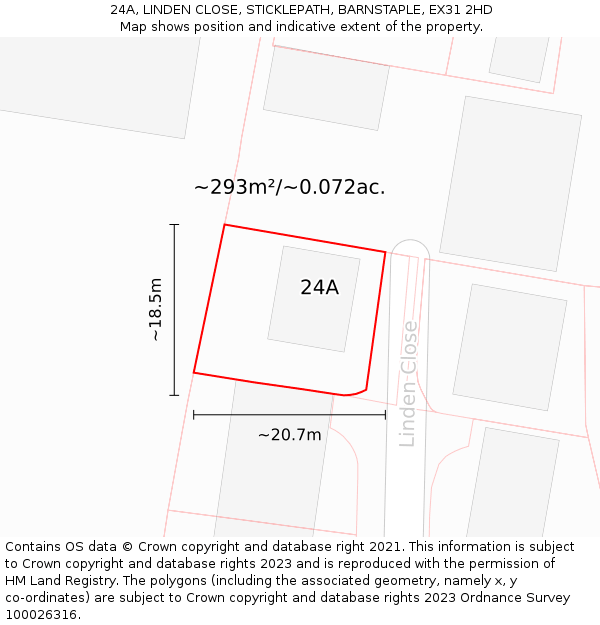 24A, LINDEN CLOSE, STICKLEPATH, BARNSTAPLE, EX31 2HD: Plot and title map