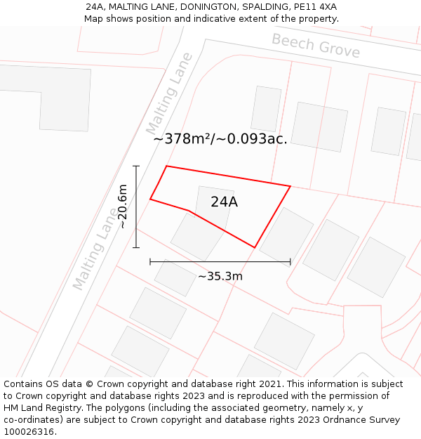 24A, MALTING LANE, DONINGTON, SPALDING, PE11 4XA: Plot and title map