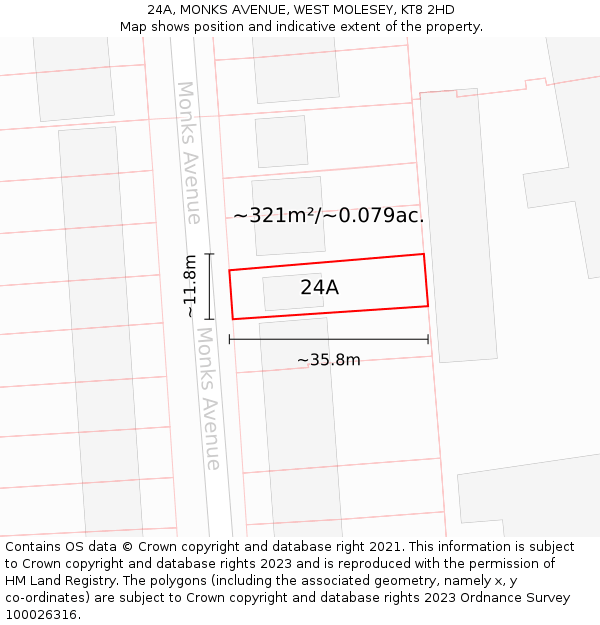 24A, MONKS AVENUE, WEST MOLESEY, KT8 2HD: Plot and title map
