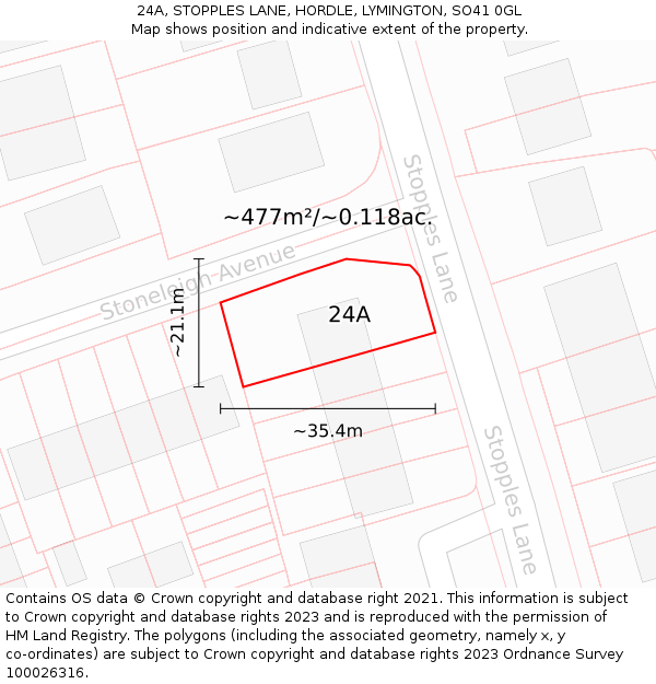 24A, STOPPLES LANE, HORDLE, LYMINGTON, SO41 0GL: Plot and title map