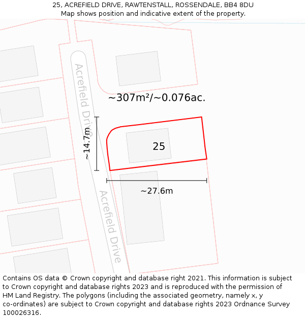 25, ACREFIELD DRIVE, RAWTENSTALL, ROSSENDALE, BB4 8DU: Plot and title map