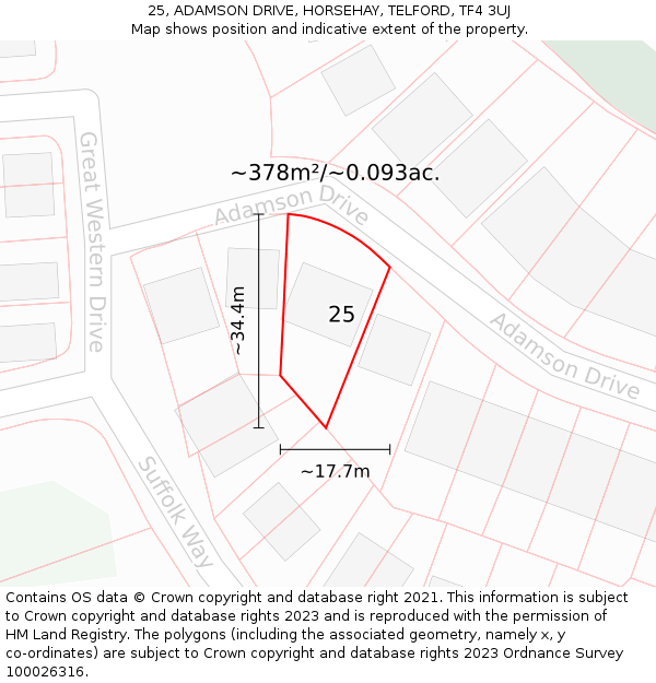 25, ADAMSON DRIVE, HORSEHAY, TELFORD, TF4 3UJ: Plot and title map