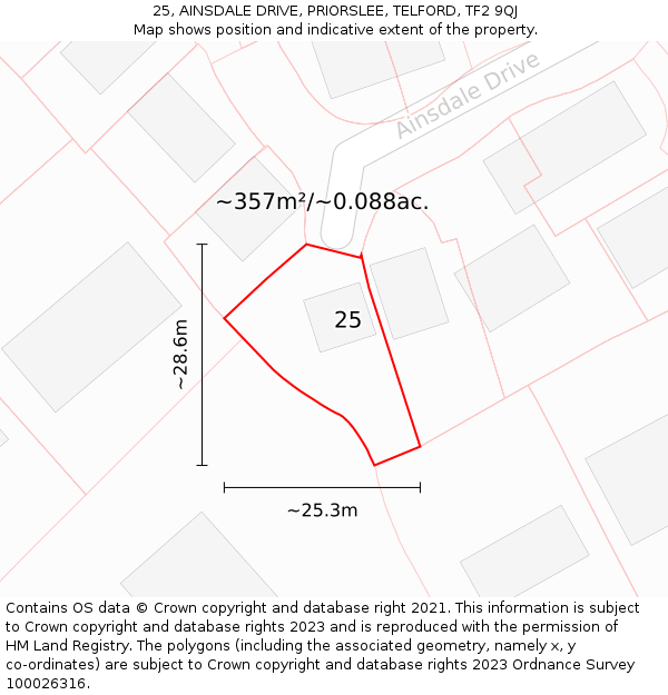 25, AINSDALE DRIVE, PRIORSLEE, TELFORD, TF2 9QJ: Plot and title map