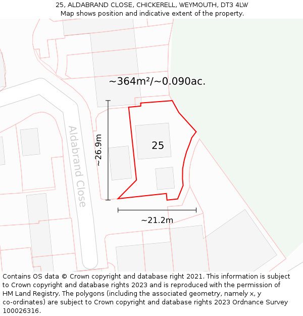 25, ALDABRAND CLOSE, CHICKERELL, WEYMOUTH, DT3 4LW: Plot and title map