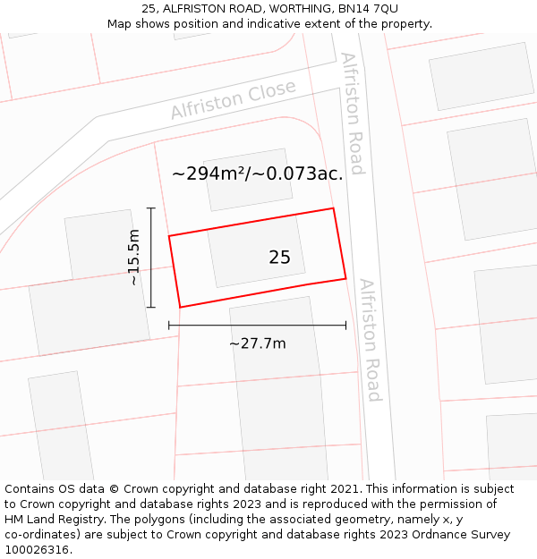 25, ALFRISTON ROAD, WORTHING, BN14 7QU: Plot and title map