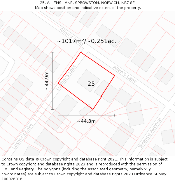 25, ALLENS LANE, SPROWSTON, NORWICH, NR7 8EJ: Plot and title map