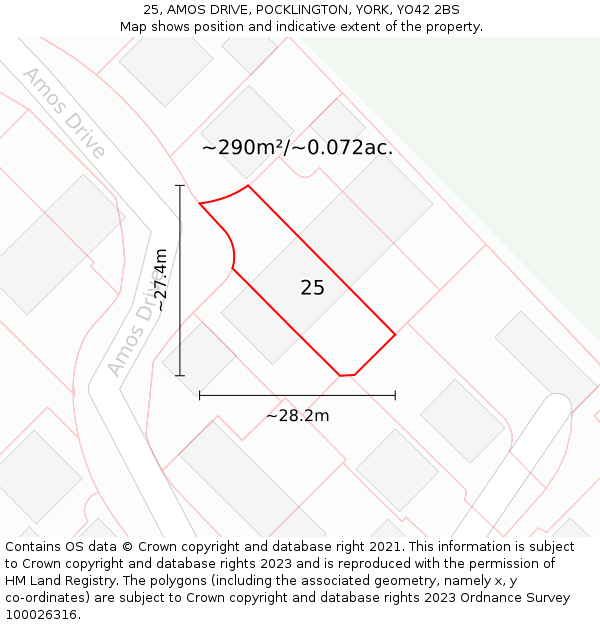 25, AMOS DRIVE, POCKLINGTON, YORK, YO42 2BS: Plot and title map