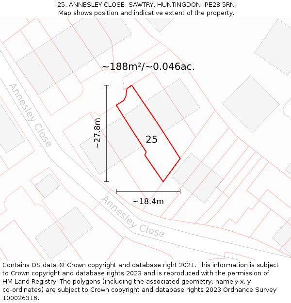 25, ANNESLEY CLOSE, SAWTRY, HUNTINGDON, PE28 5RN: Plot and title map