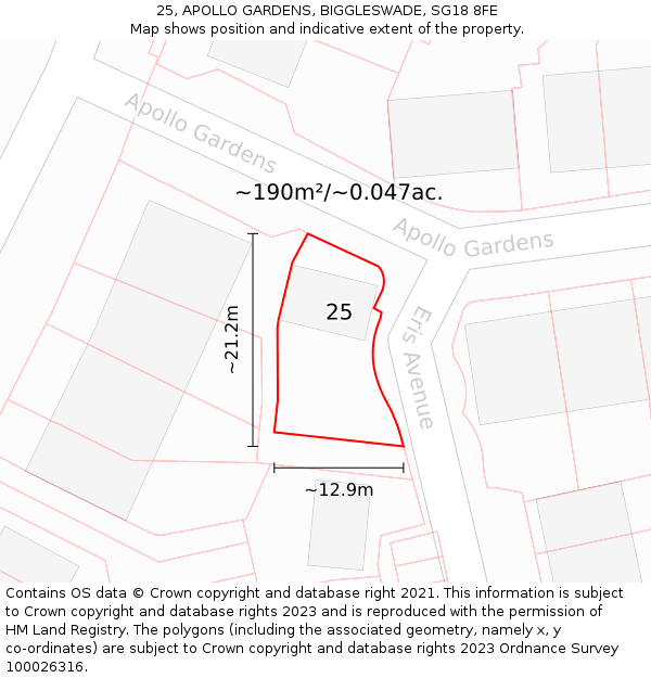 25, APOLLO GARDENS, BIGGLESWADE, SG18 8FE: Plot and title map