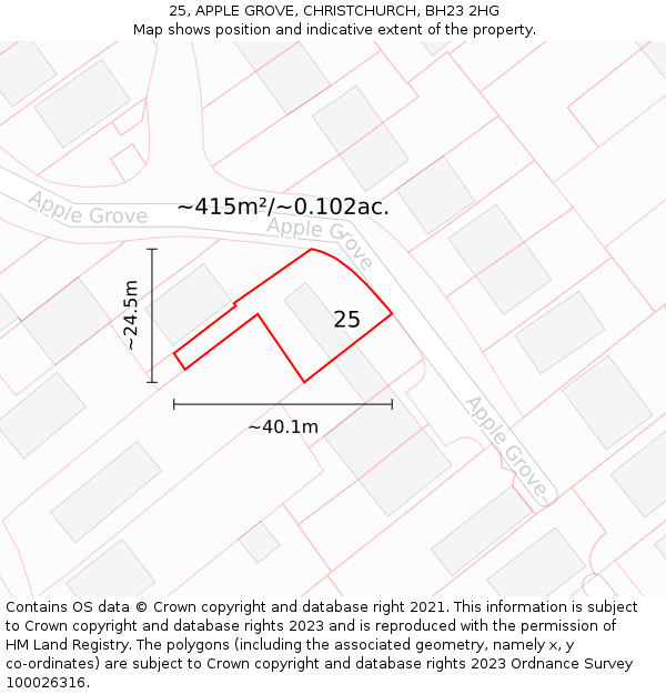 25, APPLE GROVE, CHRISTCHURCH, BH23 2HG: Plot and title map