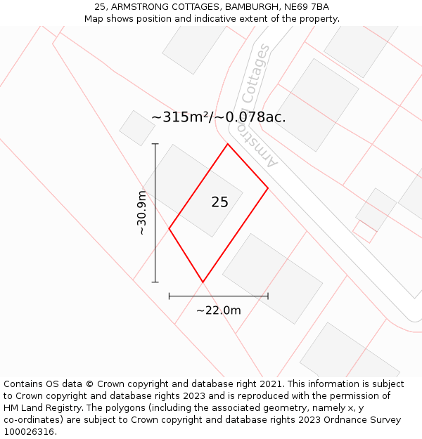 25, ARMSTRONG COTTAGES, BAMBURGH, NE69 7BA: Plot and title map