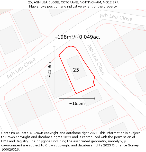 25, ASH LEA CLOSE, COTGRAVE, NOTTINGHAM, NG12 3PR: Plot and title map