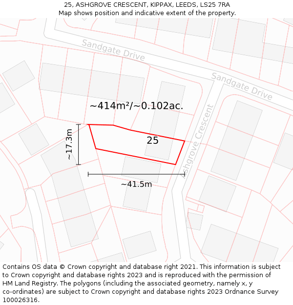 25, ASHGROVE CRESCENT, KIPPAX, LEEDS, LS25 7RA: Plot and title map